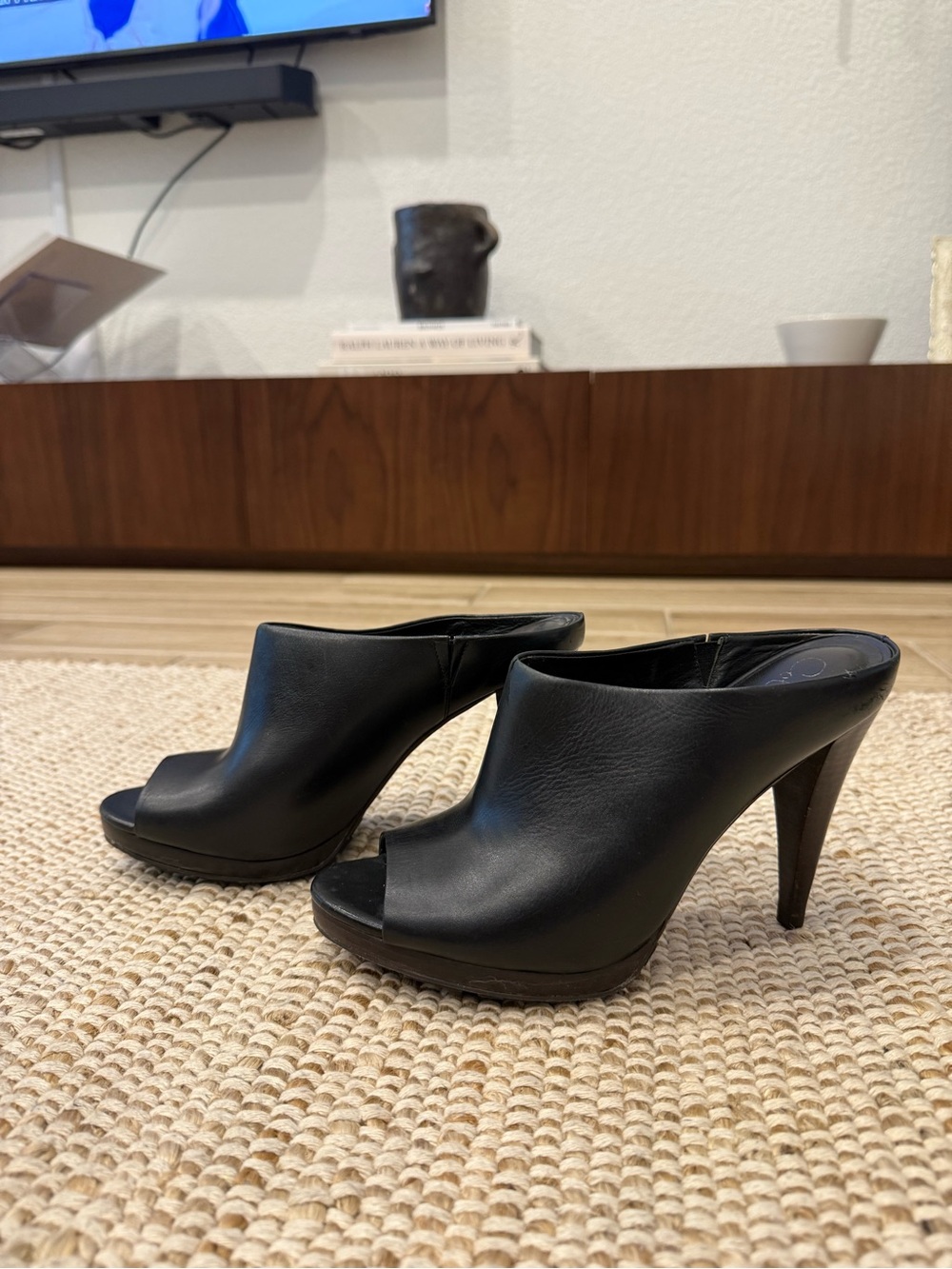 Cole Haan Nike Air Black Leather Peep Toe Mules | Size 7.5B